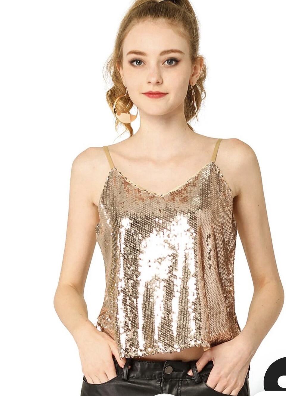 Allegra K Women's Sequined S Party Sparkle Cami Top Rose Gold XS